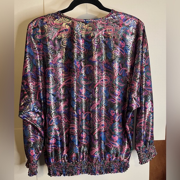 VTG 80s Silver Threads Sz M Paisley Polyester Silver Foil Dolman Sleeve Top - Picture 2 of 7